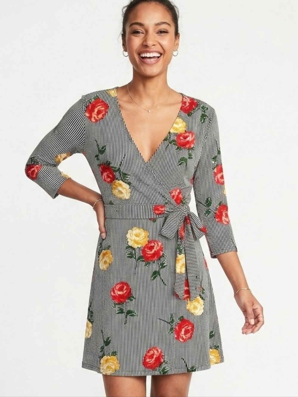 No Boundaries Floral Dress with V-Neck in Black and White Stripe